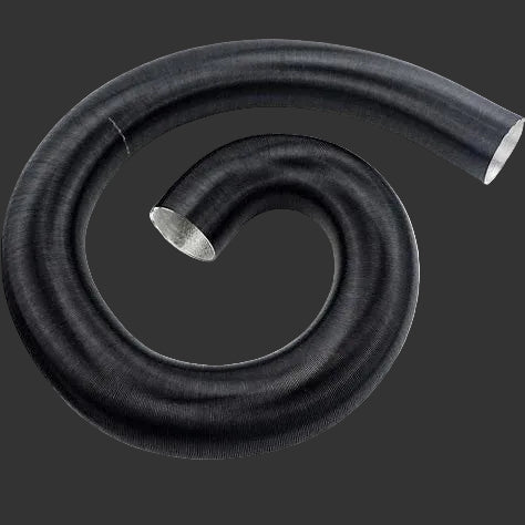 A coiled black corrugated flexible hose or pipe section with silver metal ends, photographed on a plain white background.